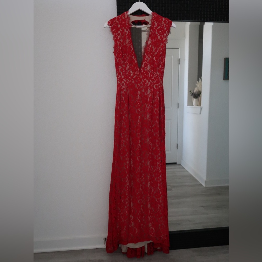 Aidan Mattox Red Lace Ball Gown Long Dress